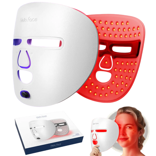 White and red 3-in-1 wireless led red light therapy facial mask with illuminated hello face light therapy panels