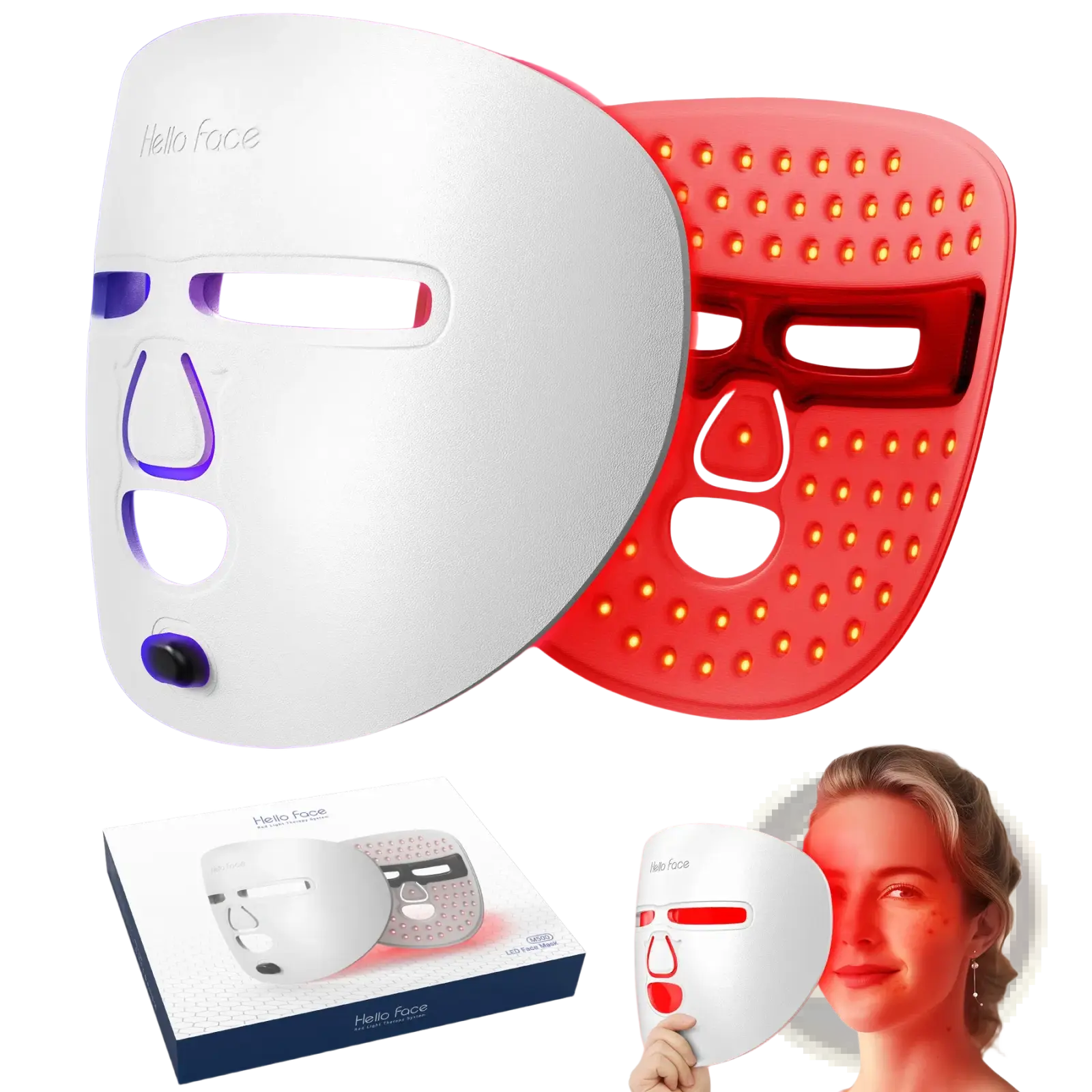 3-in-1 wireless led red light therapy facial mask in white and red with illuminated light therapy panels
