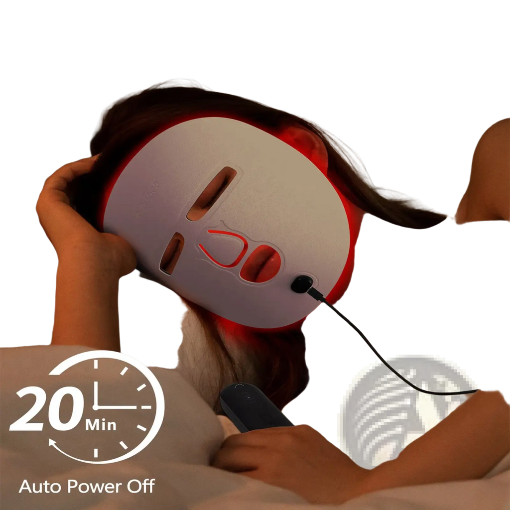 White led facial mask with red light therapy and eye mouth cutouts for skin care in 3-in-1 wireless device