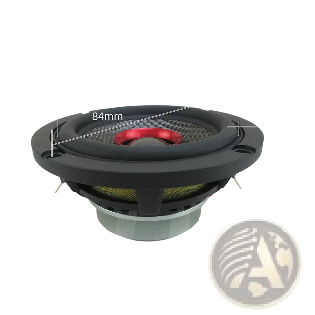 3.5 inch car coaxial speaker 200w qp353f with black mesh grille, red central cone, and black surround