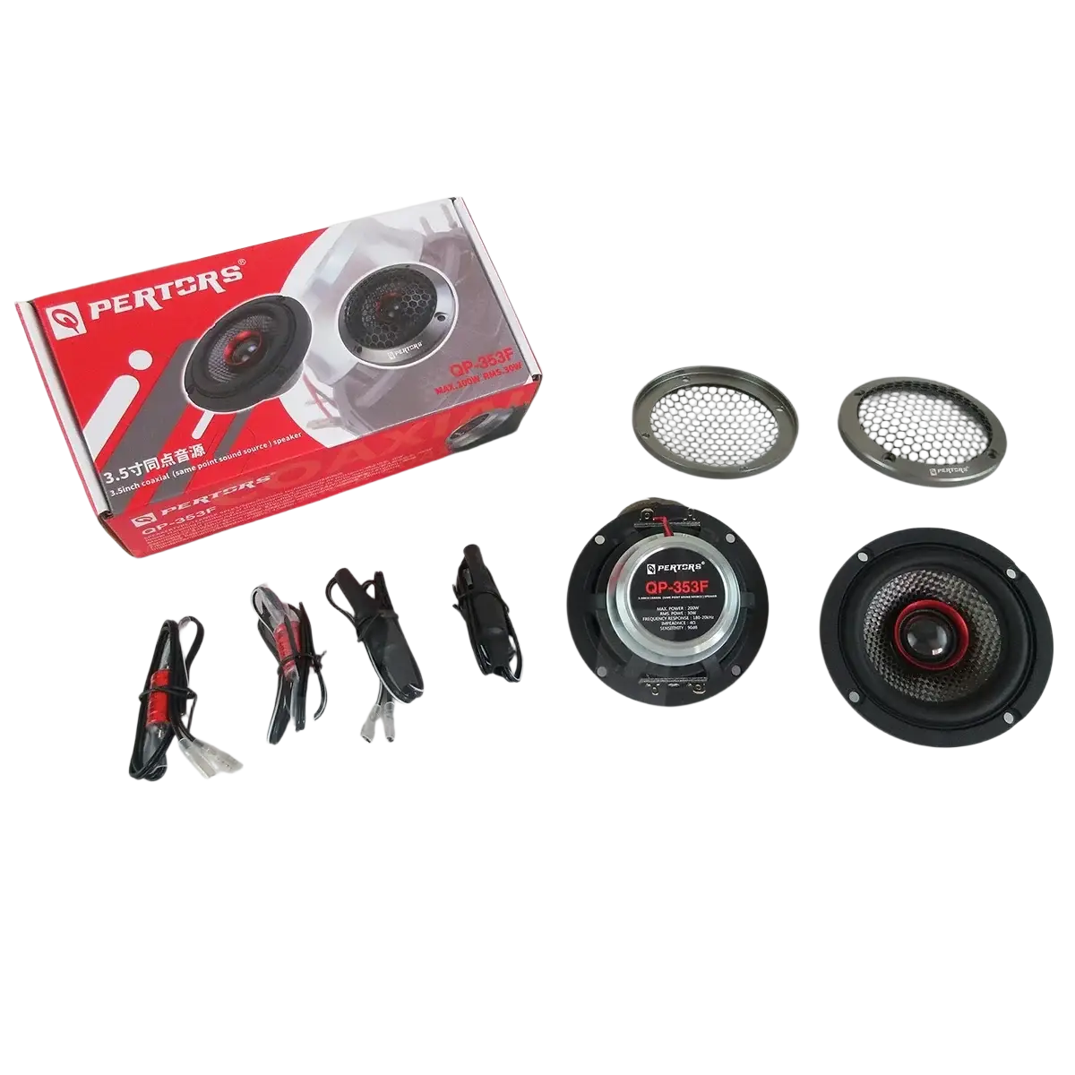 Black and red pertors qp-353f 3.5 inch 200w car coaxial speakers with mesh grille and mounting hardware displayed with packaging