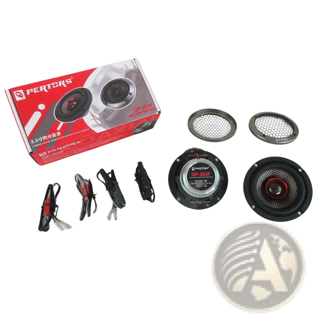 Black and red pertors qp-353f 3.5 inch 200w car coaxial speakers with mesh grille and mounting hardware displayed with packaging