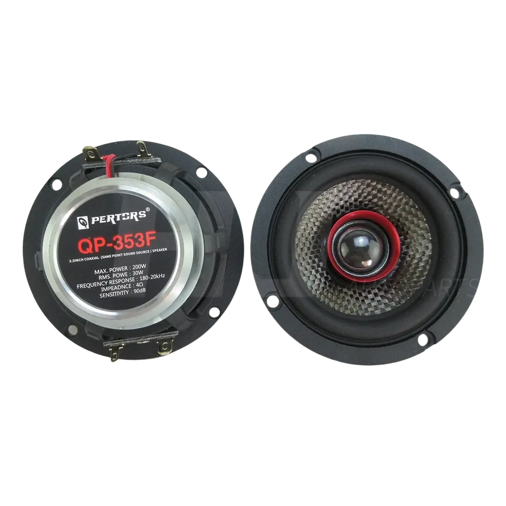 Black and silver pertts qp 353f 3.5 inch car coaxial speaker with red accents designed for 200w audio output