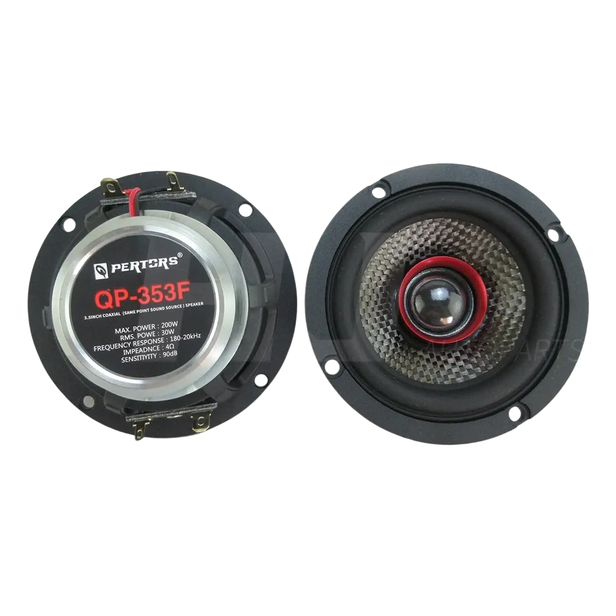 Black and silver pertts qp 353f 3.5 inch car coaxial speaker with red accents designed for 200w audio output