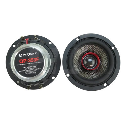 Black and silver pertts qp 353f 3.5 inch car coaxial speaker with red accents designed for 200w audio output