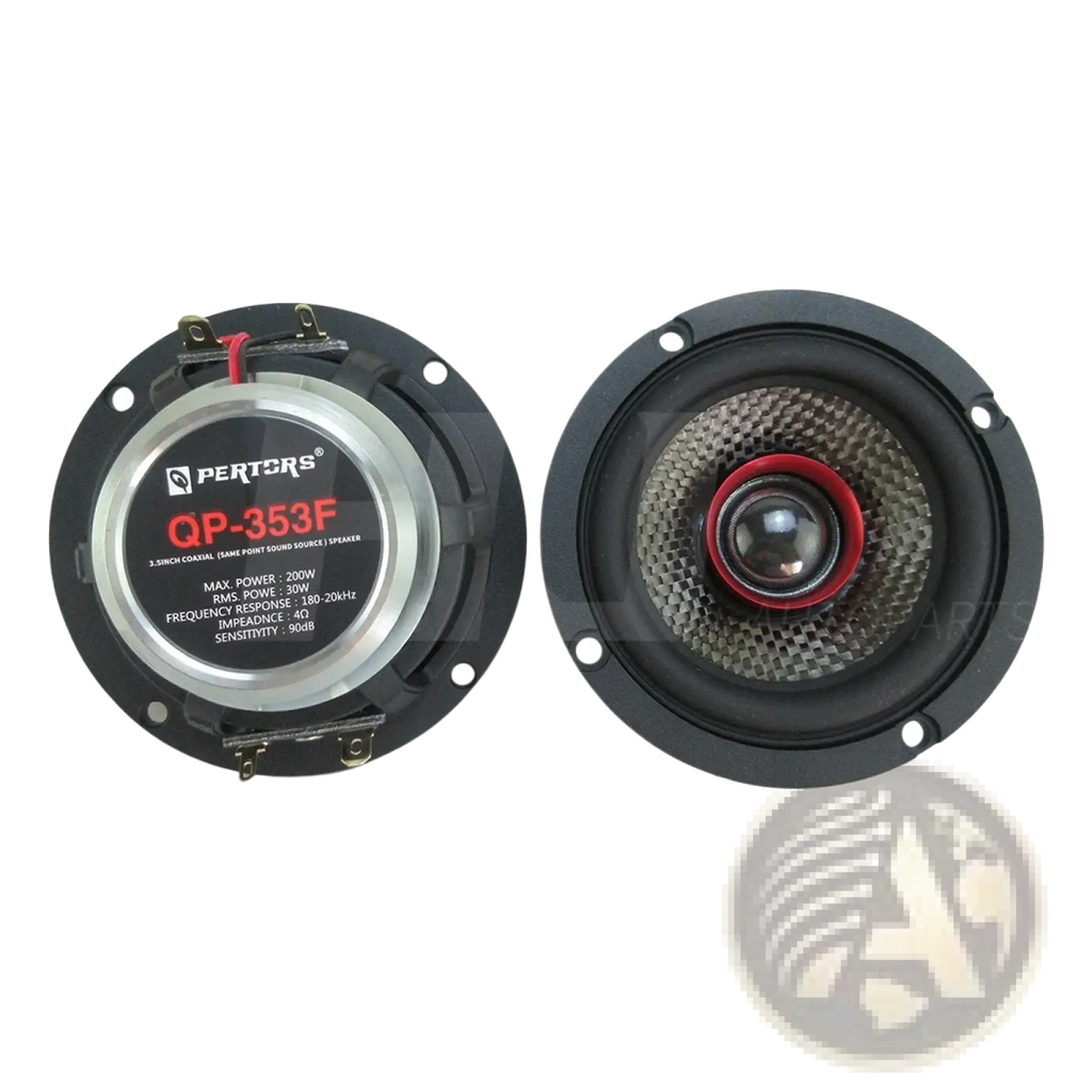 Black and silver pertts qp 353f 3.5 inch car coaxial speaker with red accents designed for 200w audio output