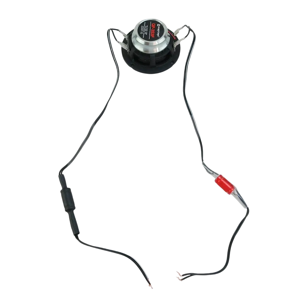 Black and silver pioneer 3.5 inch car coaxial speaker with 200w power and attached wiring shown from the back side