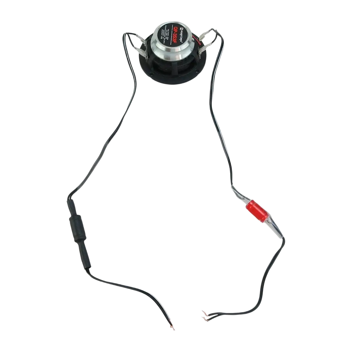 Black and silver pioneer 3.5 inch car coaxial speaker with 200w power and attached wiring shown from the back side