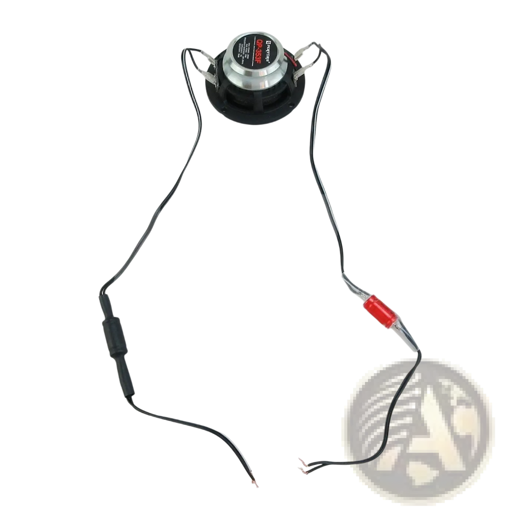 Black and silver pioneer 3.5 inch car coaxial speaker with 200w power and attached wiring shown from the back side