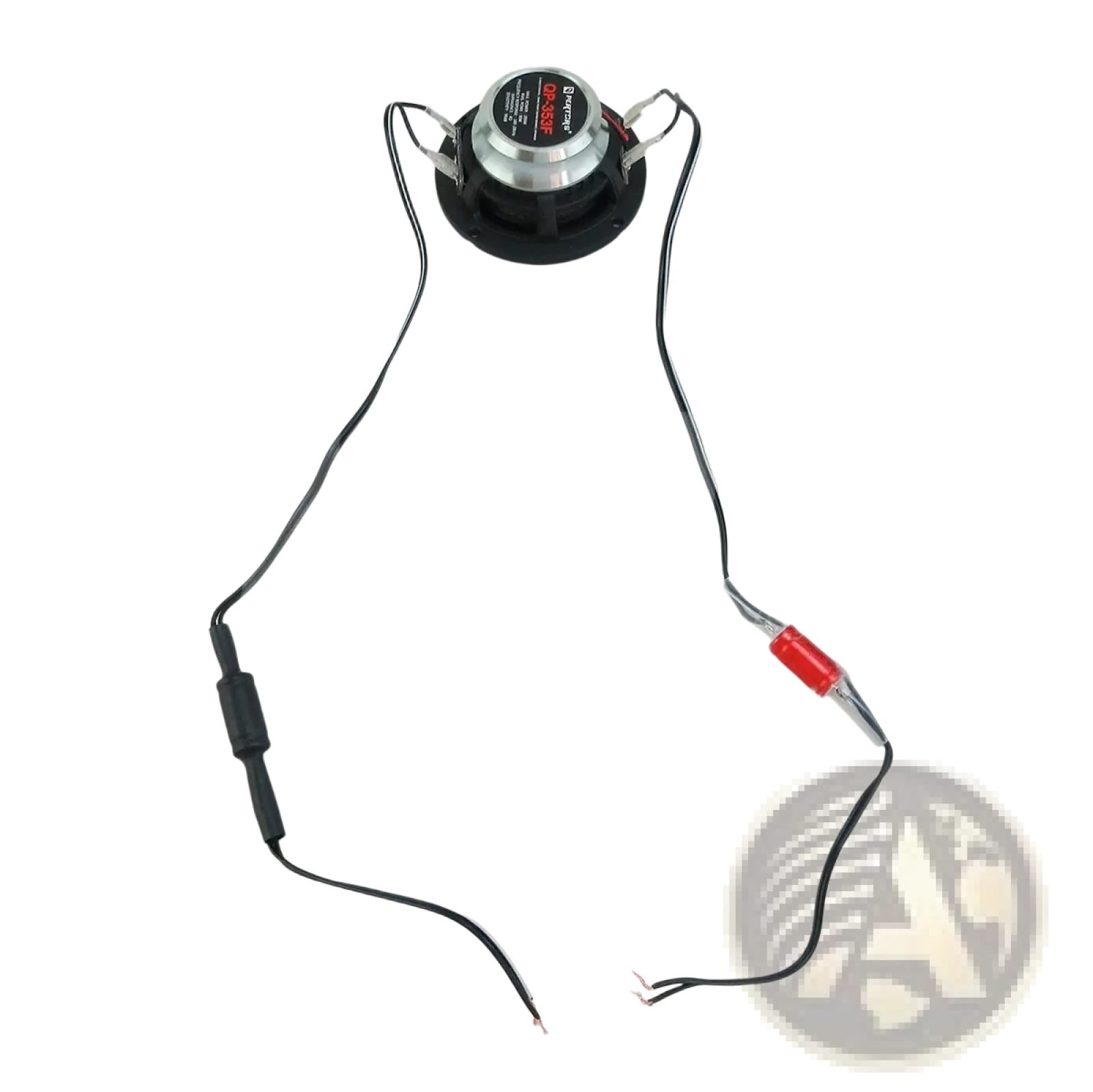 Black and silver pioneer 3.5 inch car coaxial speaker with 200w power and attached wiring shown from the back side