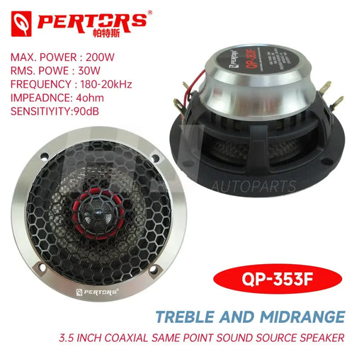 3.5 inch car coaxial speaker in silver and black with hexagonal grille red accent center and pertors branding