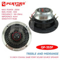 3.5 inch car coaxial speaker in silver and black with hexagonal grille red accent center and pertors branding