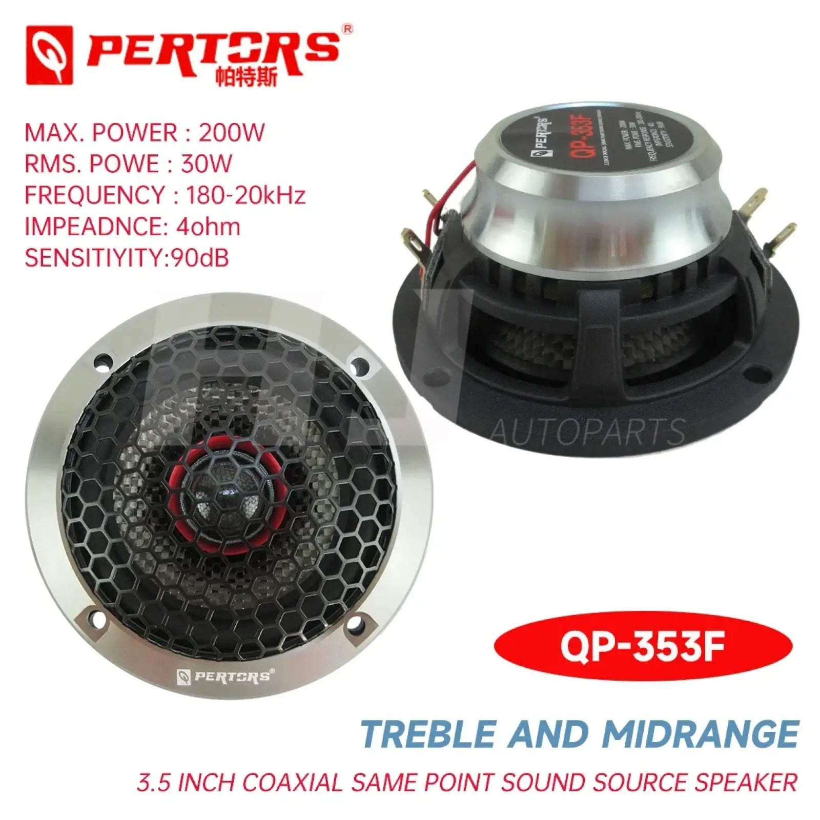 3.5 inch car coaxial speaker in silver and black with hexagonal grille red accent center and pertors branding