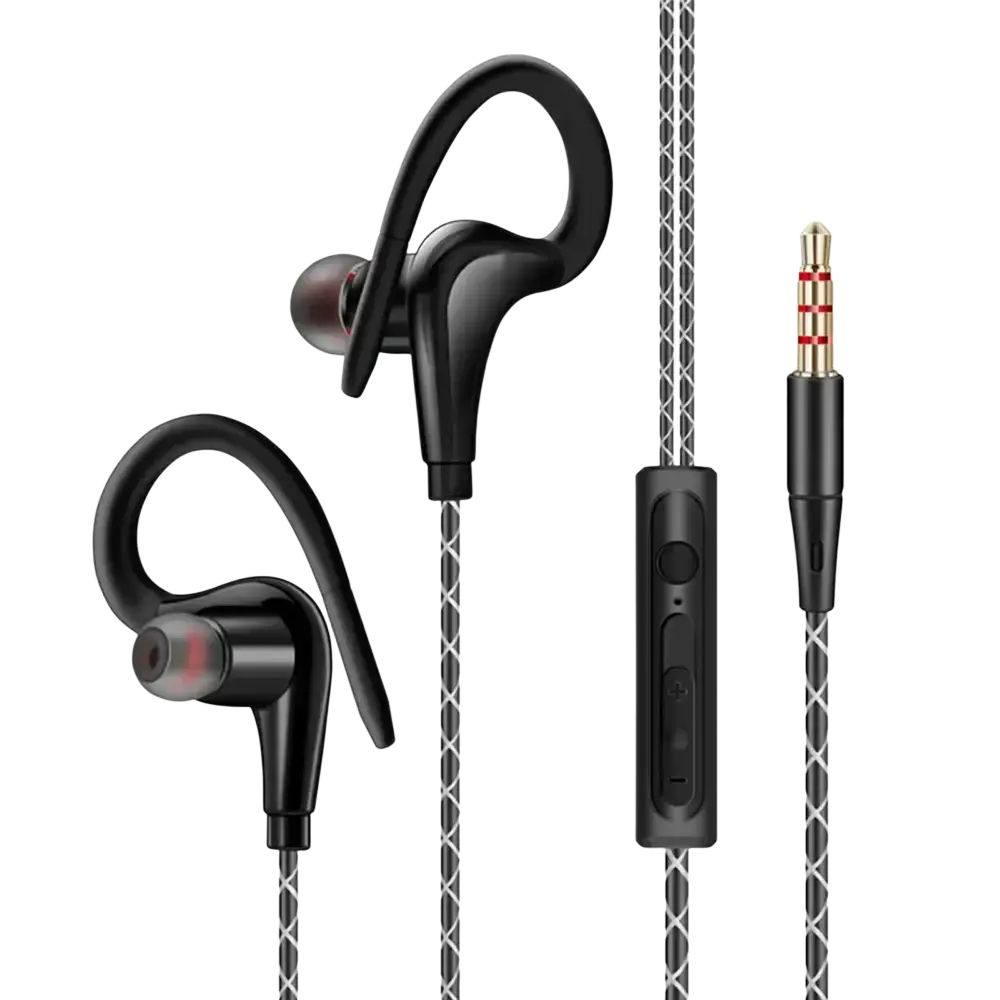Black 3.5mm headphone wired sports earphones with silver braided cable, curved hook design, and inline control module