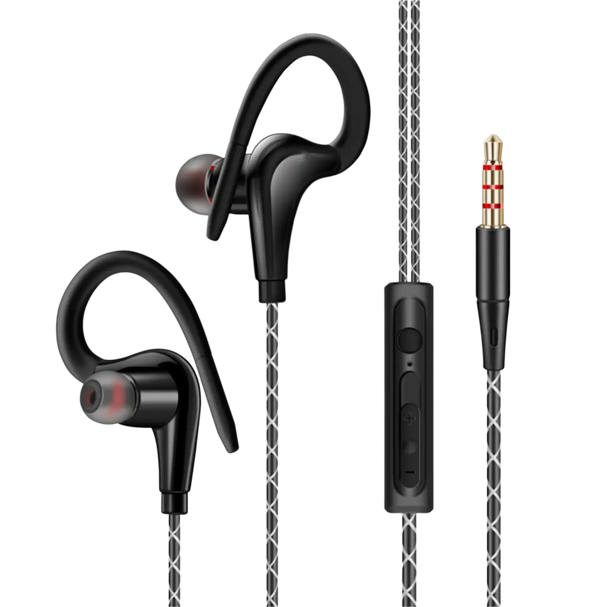 Black in-ear wired sports earphones with mic featuring a sleek curved hook design and braided silver and black 5mm headphone cable