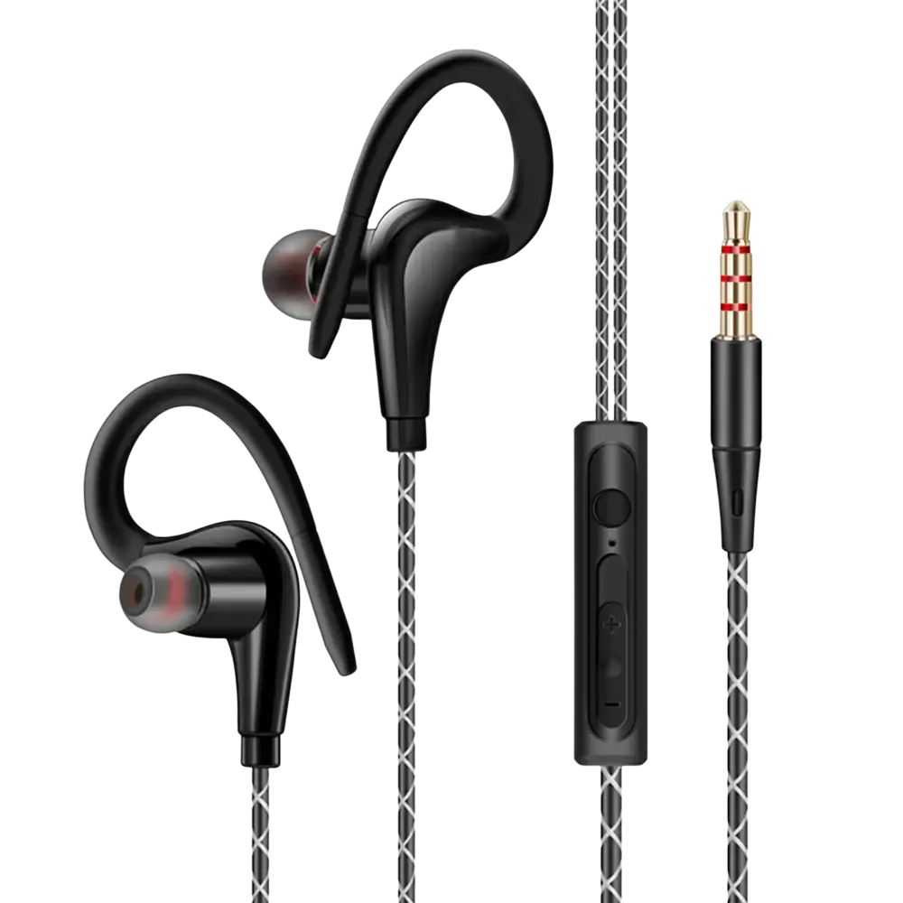 Black 3.5mm headphone wired sports earphones with mic featuring in-ear design, curved hooks, and braided silver black cable