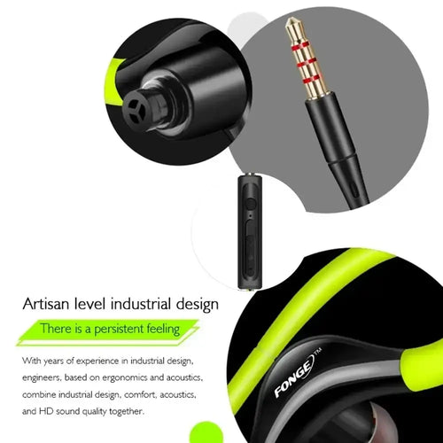 Black and neon green 3.5mm wired sports earphones with mic featuring a sleek ergonomic design for active use
