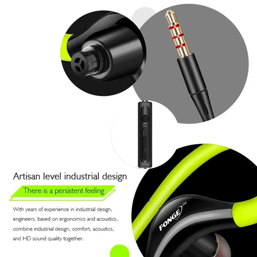 Black and neon green 3.5mm headphone wired sports earphones with gold-plated jack and inline mic control module