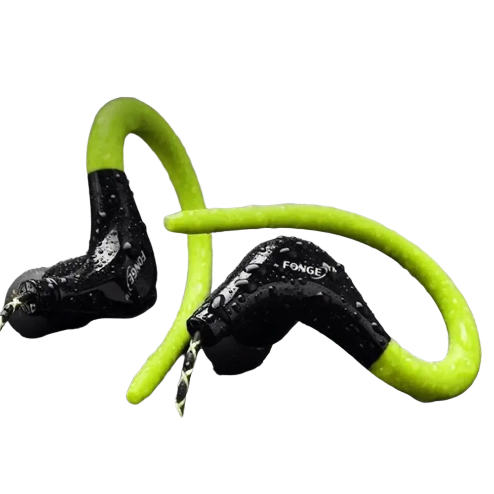 Lime green and black fonge waterproof 3.5mm headphone wired sports earphones with mic and flexible silicone hooks