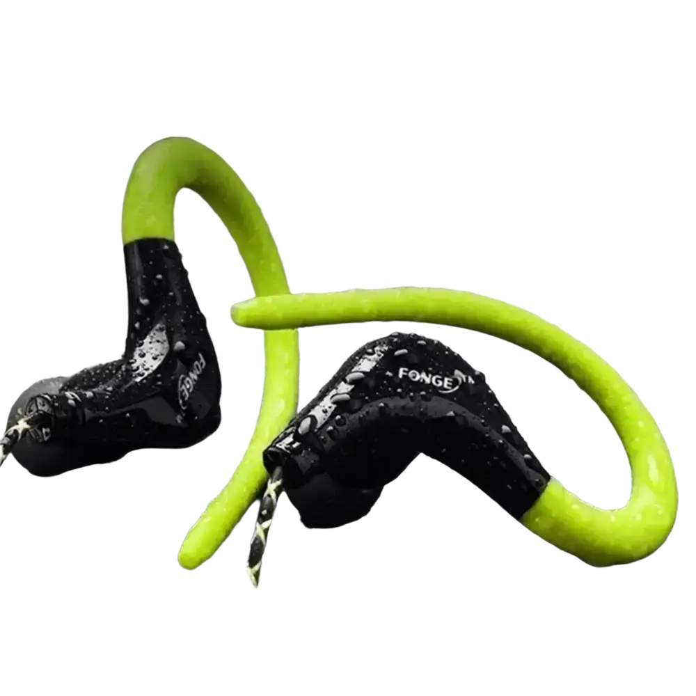 Lime green and black fonge 3.5mm headphone wired sports earphones with mic and flexible silicone arms waterproof design