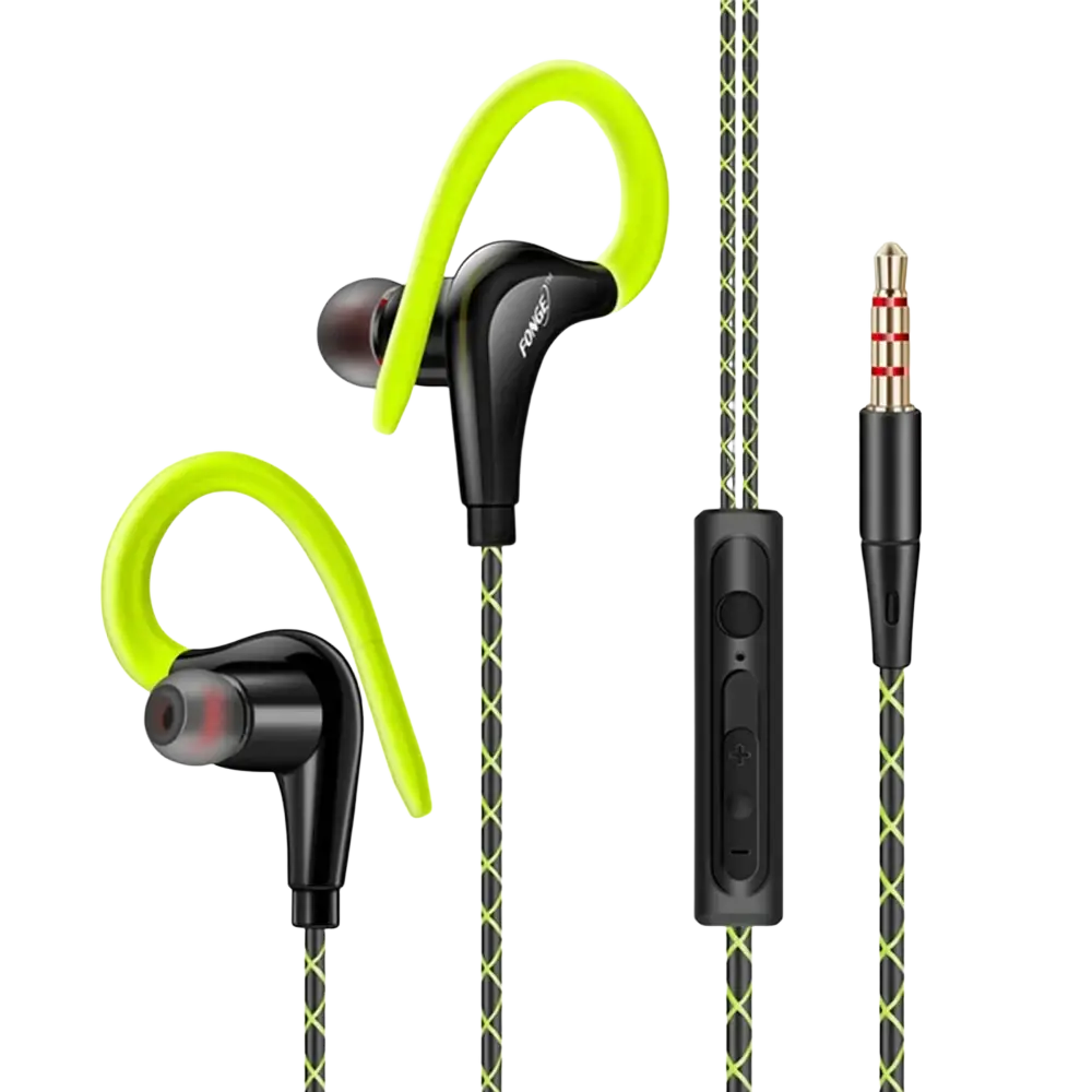 Neon green and black 3.5mm headphone wired sports earphones with mic featuring braided cable and inline control module
