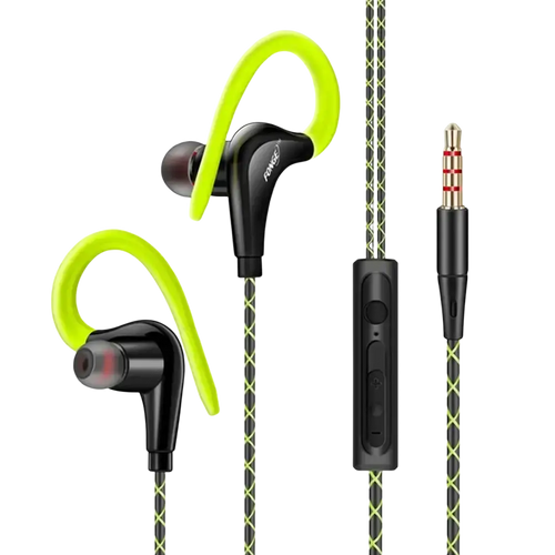 Neon green and black 3.5mm headphone wired sports earphones with mic and braided cable with inline control module