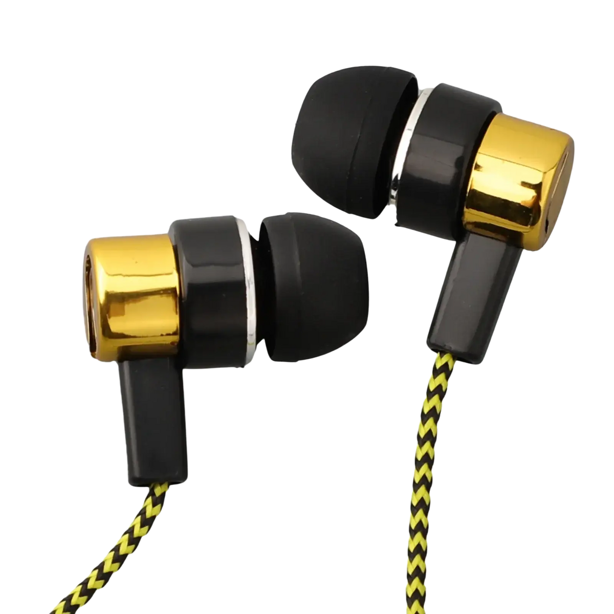 Black and gold 3.5mm wired in-ear bass stereo earphones with braided yellow and black cable for enhanced durability