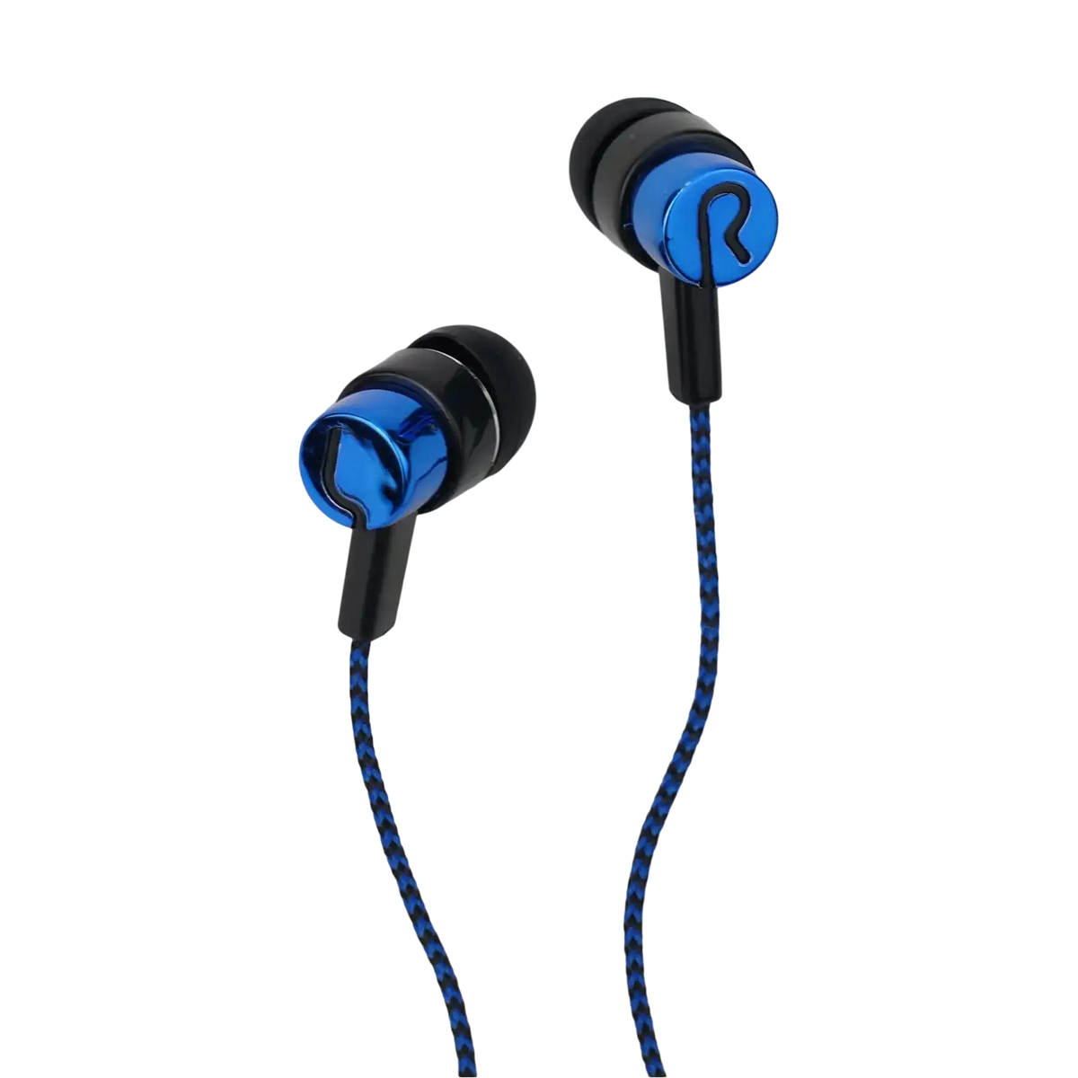 Blue and black 3.5mm wired in-ear bass stereo earphones with braided cable for enhanced durability and sound quality