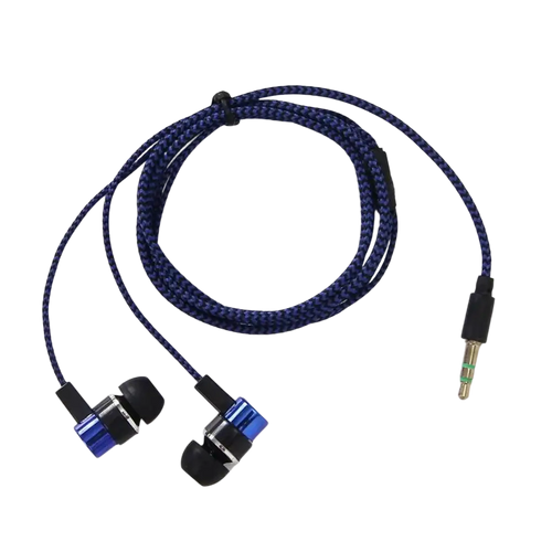 Blue and black 3.5mm wired in-ear bass stereo earphones with braided cable design for enhanced durability