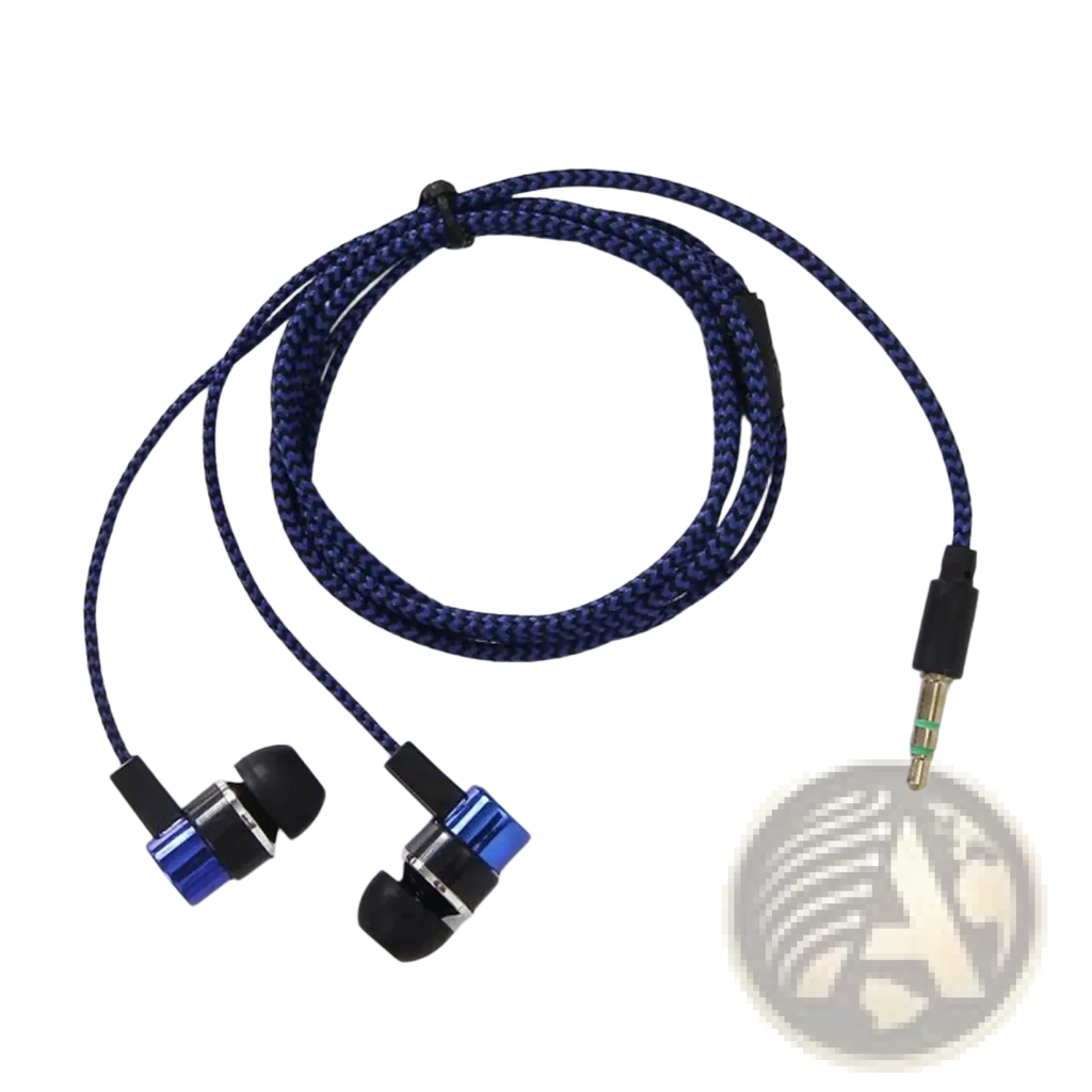 Blue and black 3.5mm wired in-ear bass stereo earphones with braided cable design for enhanced durability
