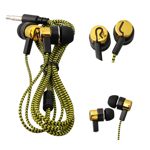 Gold and black 3.5mm wired in-ear bass stereo earphones with a distinctive zigzag patterned cord