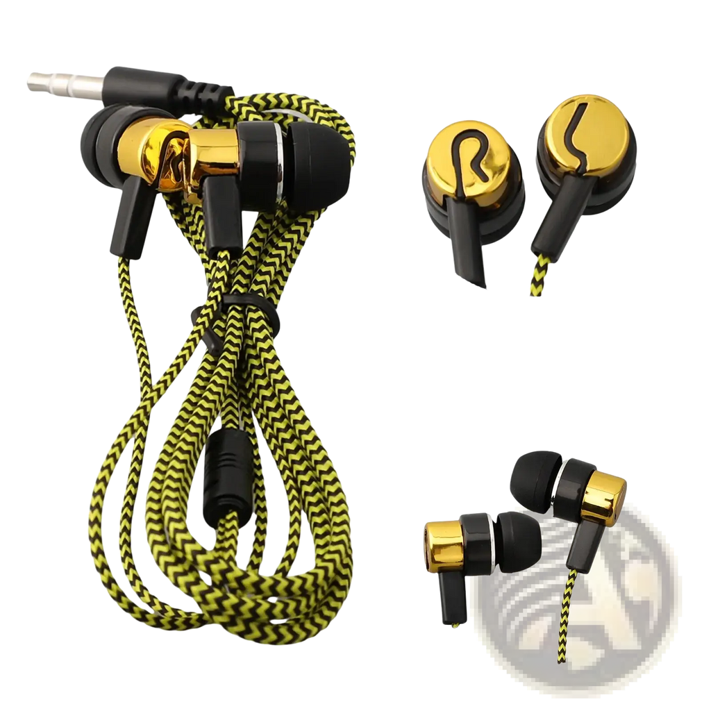 Gold and black 3.5mm wired in-ear bass stereo earphones with a distinctive zigzag patterned cord