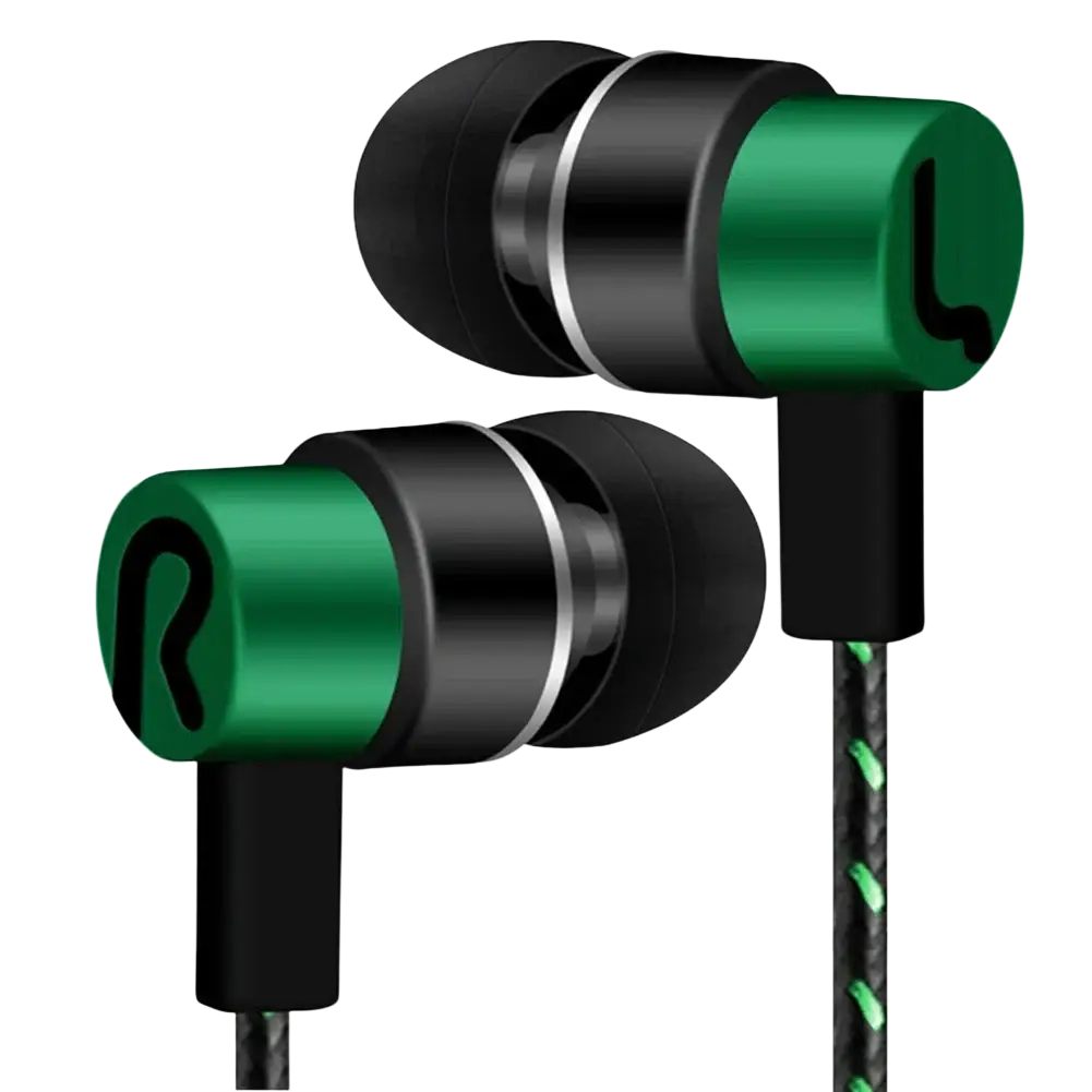 Green and black 3.5mm wired in-ear bass stereo earphones with sleek metallic finish and labeled right and left earbuds