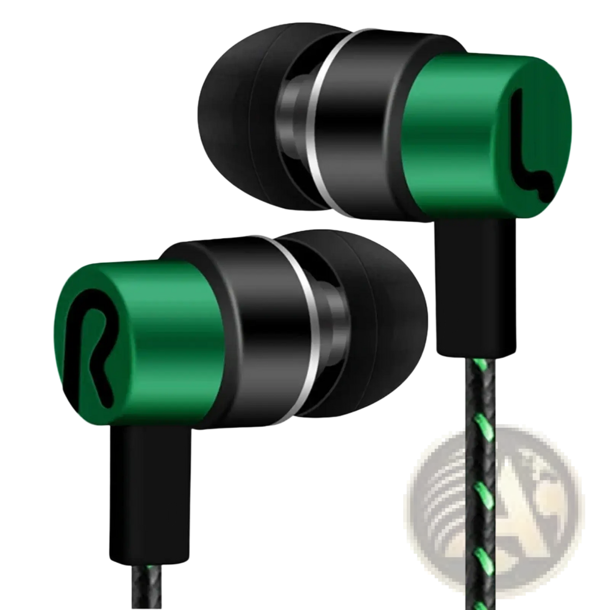 Green and black 3.5mm wired in-ear bass stereo earphones with sleek metallic finish and labeled right and left earbuds
