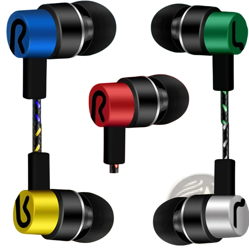 3.5mm wired in-ear bass stereo earphones with black silicone tips and metallic blue green red yellow silver housings featuring r logo