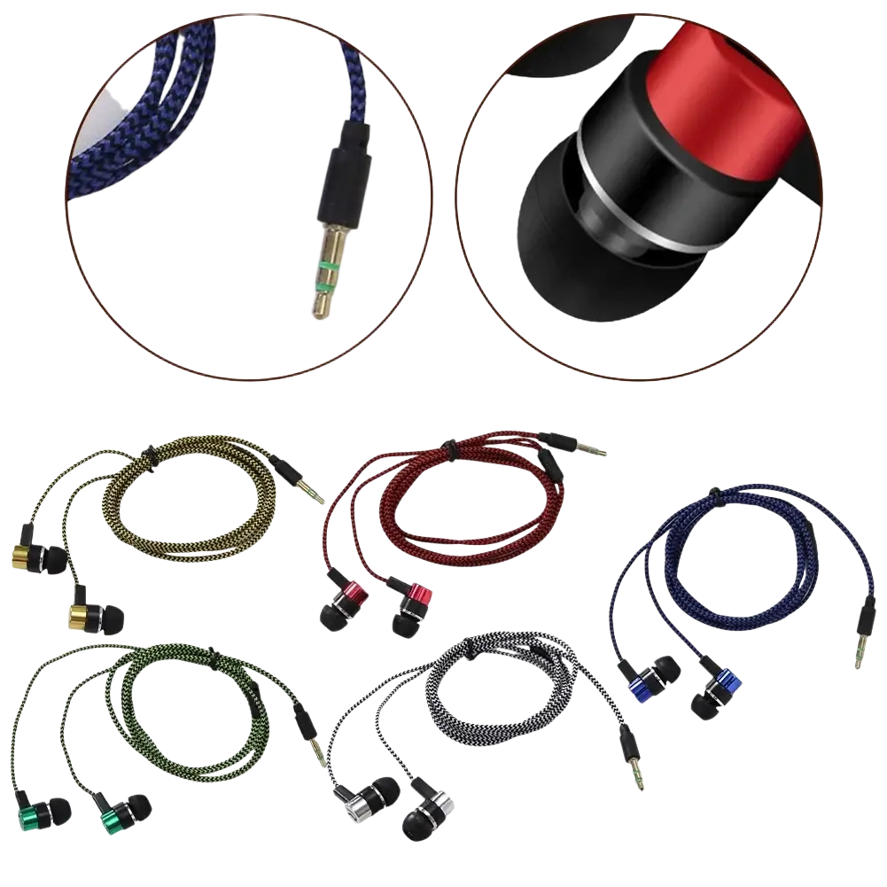 3.5mm wired in-ear bass stereo earphones with braided cables in multiple colors and metallic earpiece accents