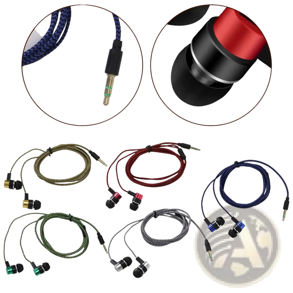 3.5mm wired in-ear bass stereo earphones with braided cables in multiple colors and metallic earpiece accents