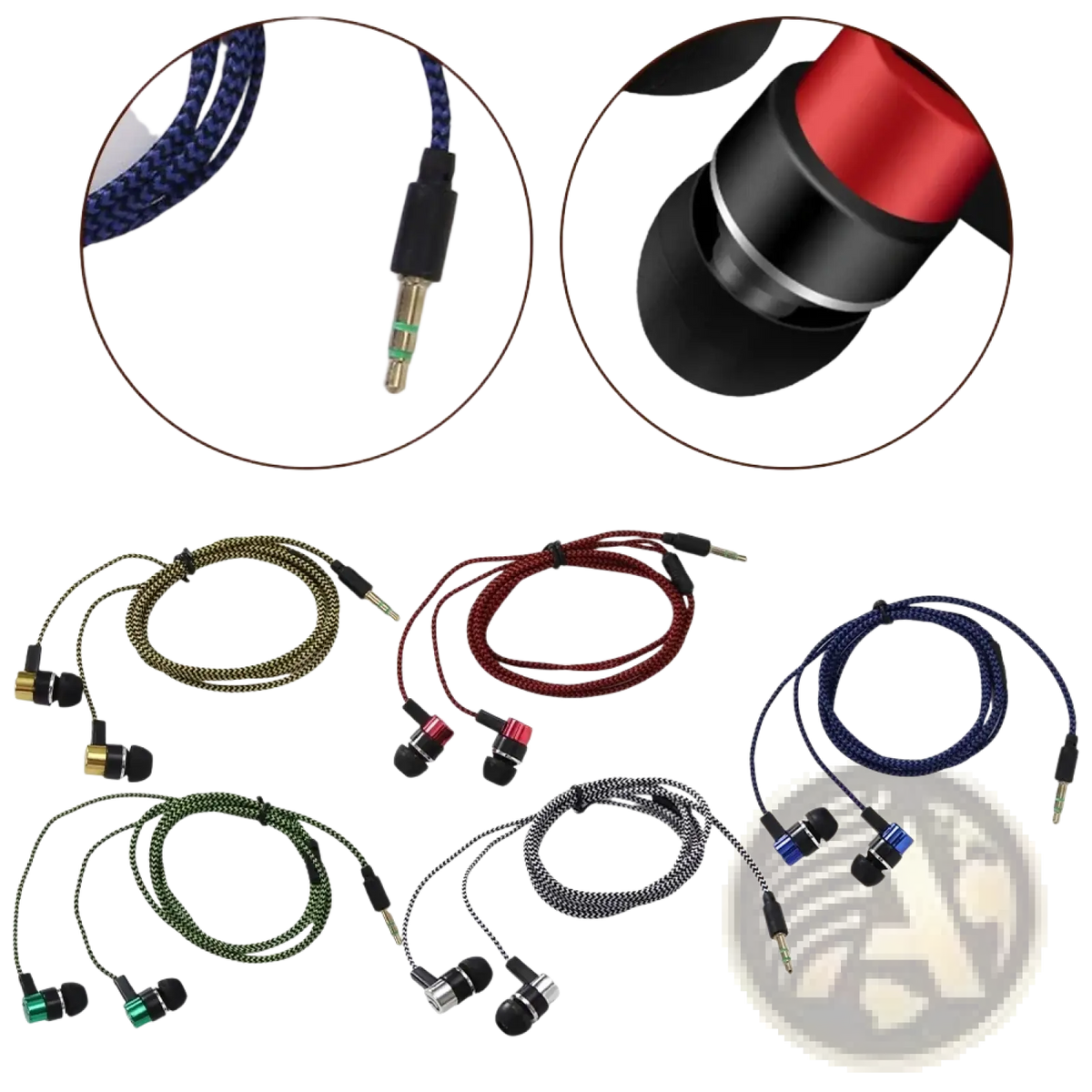 3.5mm wired in-ear bass stereo earphones with braided cables in multiple colors and metallic earpiece accents