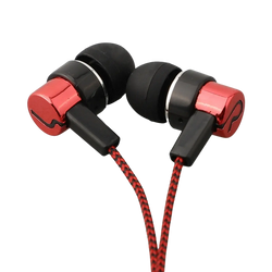 Red and black 3.5mm wired in-ear bass stereo earphones with braided cable for enhanced durability and sound quality
