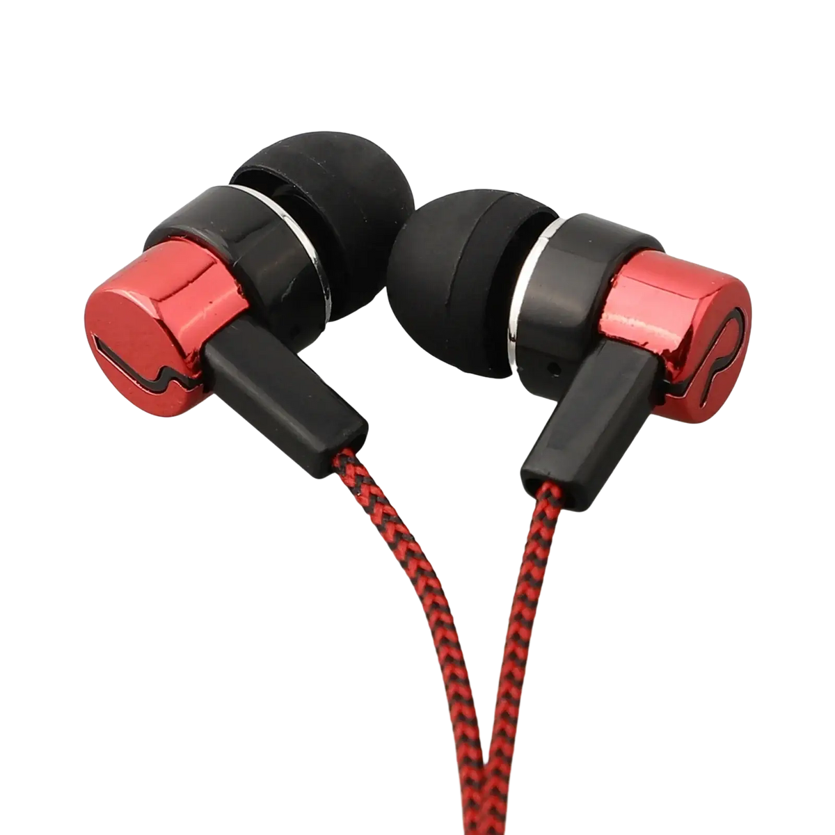 Red and black 3.5mm wired in-ear bass stereo earphones with braided cable for enhanced durability and sound quality