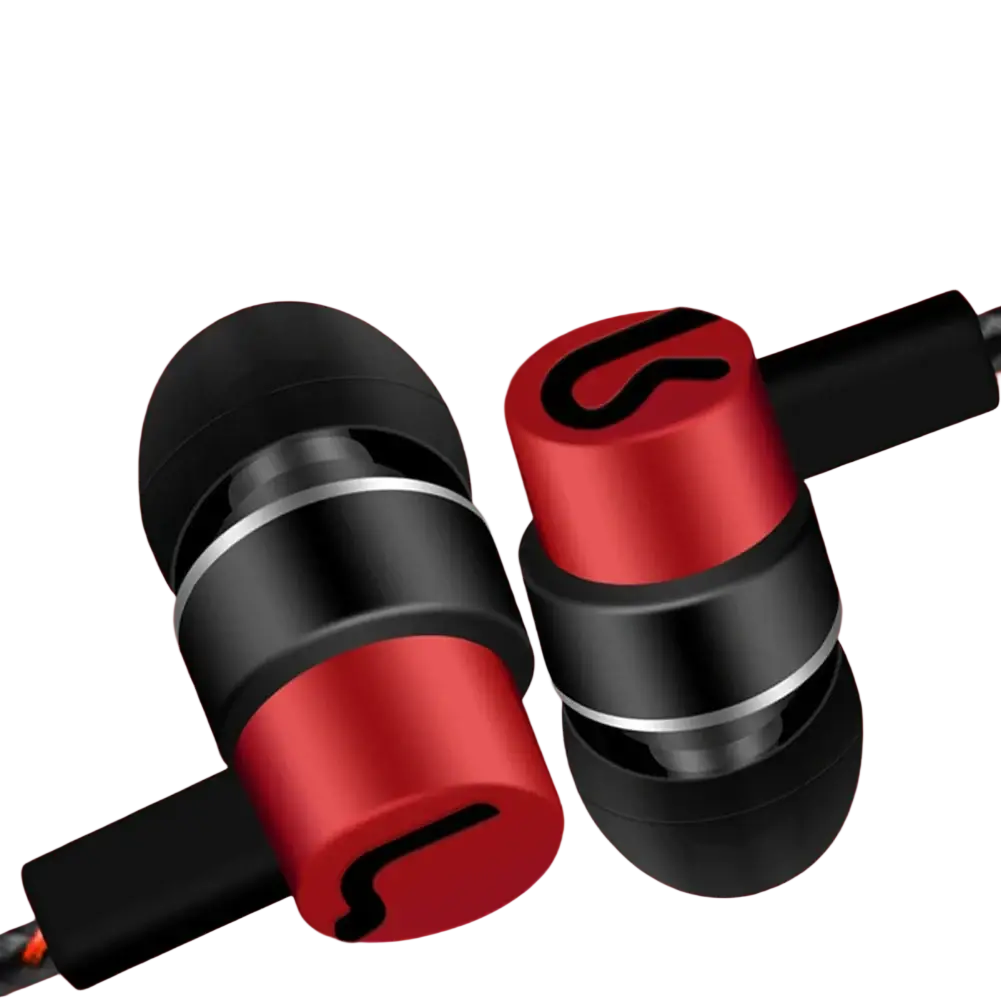 Red and black 3.5mm wired in-ear bass stereo earphones with a sleek metallic finish and curved logo on the earpiece