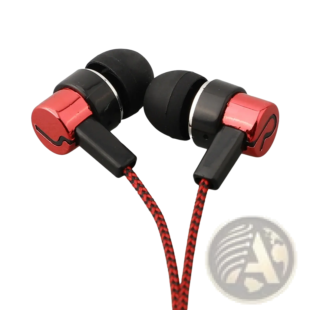Red and black 3.5mm wired in-ear bass stereo earphones with braided cable for enhanced durability and sound quality
