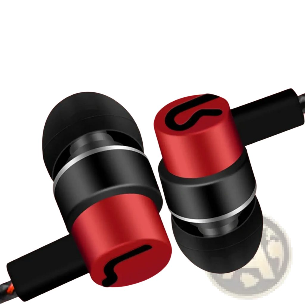Red and black 3.5mm wired in-ear bass stereo earphones with a sleek metallic finish and curved logo on the earpiece