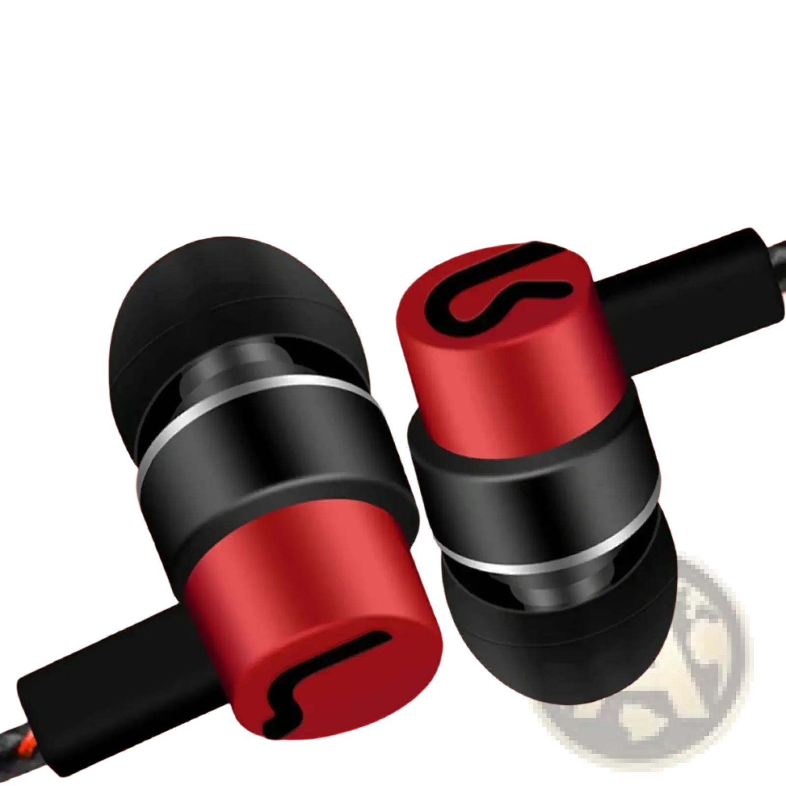 Red and black 3.5mm wired in-ear bass stereo earphones with a sleek metallic finish and curved logo on the earpiece