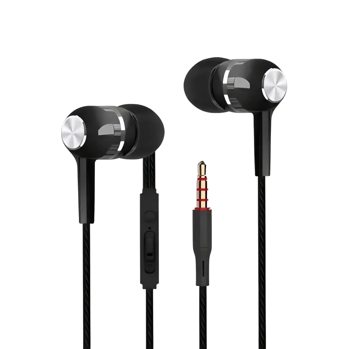 Black 3.5mm wired in-ear headphones with mic featuring silver metallic accents and durable braided cables