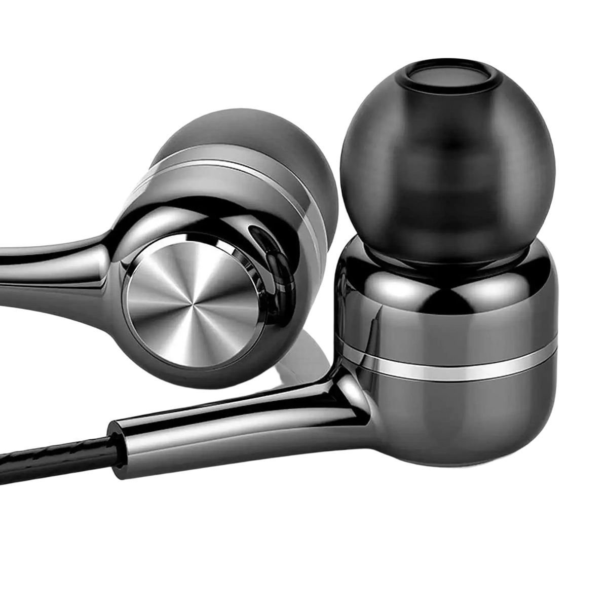 Black and silver inlayed 3.5mm wired in-ear headphones with mic featuring a sleek metallic finish