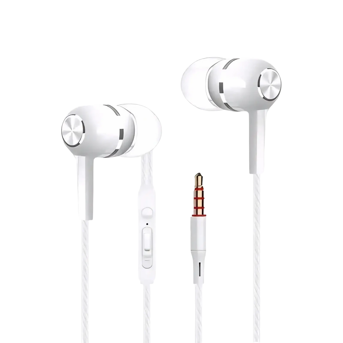 White 3.5mm wired in-ear headphones with silver metallic accents and inline control for volume and track skipping