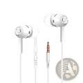 White 3.5mm wired in-ear headphones with silver metallic accents and inline control for volume and track skipping