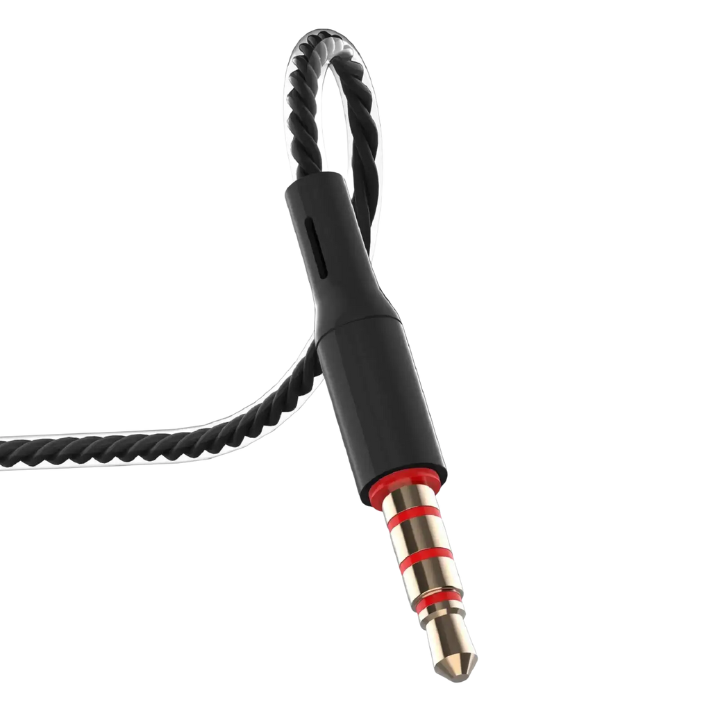 Black braided 3.5mm wired in ear headphones with microphone featuring gold-plated plug and red accent rings