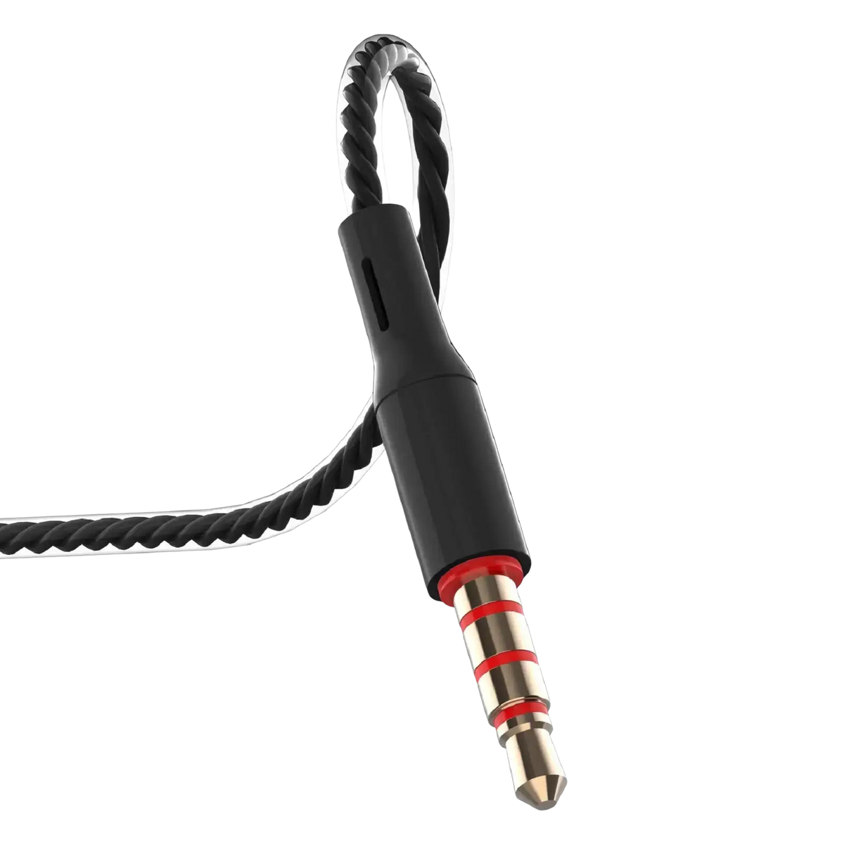 Black braided 3.5mm wired in ear headphones with microphone featuring gold-plated plug and red accent rings